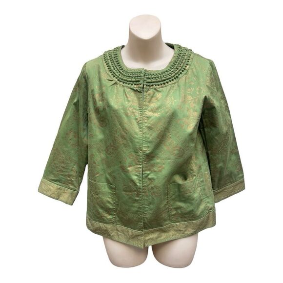 Chico’s Green Gold Shiny Cotton Embroidered Dots Trim Jacket Size 0 Small EUC - Picture 1 of 7